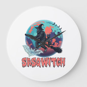 Reloj Redondo Grande Sasqwitch Bigfoot Bruja Escoba Gato Negro Luna Hal