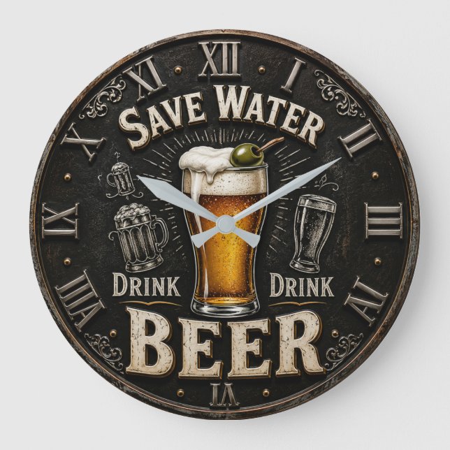 Reloj Redondo Grande Save Water Drink Beer Man Cave Gift (Anverso)