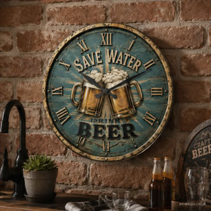 Reloj Redondo Grande Save Water Drink Beer Rustic Home Bar