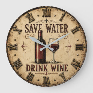 Reloj Redondo Grande Save Water Drink Wine Funny Vintage Rustic Kitchen