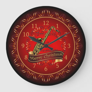 Reloj Redondo Grande Saxofón ~ Feliz Navidad ~ Marrón y negro ~