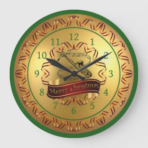 Reloj Redondo Grande Saxofón ~ Musical Scroll ~ "Feliz Navidad"