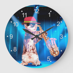 Reloj Redondo Grande Saxofonista de felino