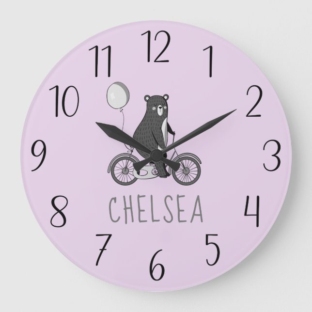 Reloj Redondo Grande Scandinavian Bear on Bike Minimalist Purple (Anverso)