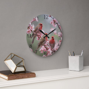Reloj Redondo Grande "Scarlet Trio: Fincas rojas entre flores rosadas"