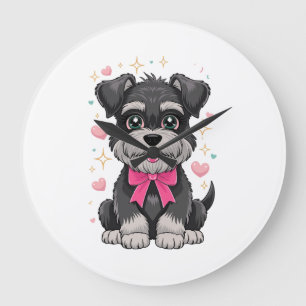 Reloj Redondo Grande Schnauzer lindo con lazo rosa rodeado de corazones
