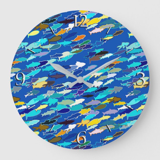 Reloj Redondo Grande School of Fish, Dark Blue, White and Turquoise (Anverso)