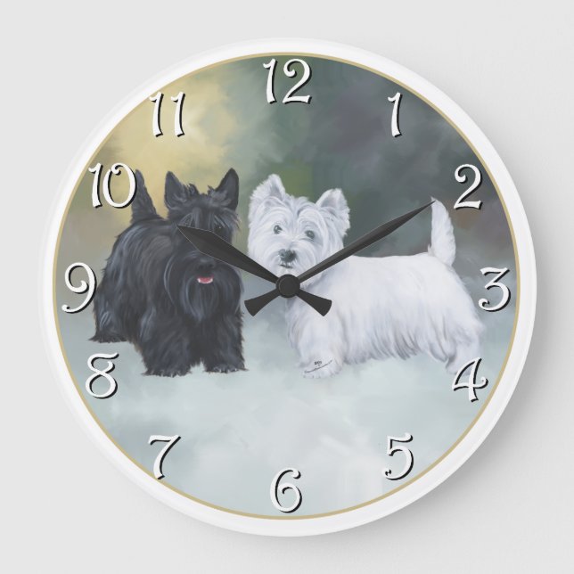 Reloj Redondo Grande Scottie Westie Invierno (Anverso)