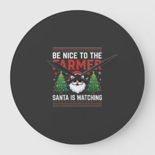 Reloj Redondo Grande Sé Amable Con El Granjero Santa Navidad