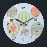 Reloj Redondo Grande Se elevan globos de aire caliente de elefante lind<br><div class="desc">Elefante Cute Riding Balones al aire libre Rising "elefantes" "elefantes" "globo aerostático" "globos de aire caliente" "globos de aire" "melocotón y azul cielo" "azul y melocotón" "verde y azul" "capricho" "bonito" "corazón" "amor" "al aire libre" "cielo" "nubes" "diversión"</div>