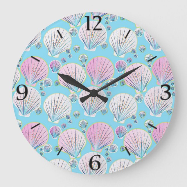 Reloj Redondo Grande Sea shells on a turquoise blue background (Anverso)