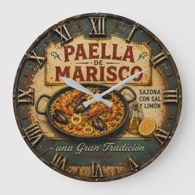 Reloj Redondo Grande Seafood Paella Spanish Kitchen Rustic Restaurant  (Anverso)