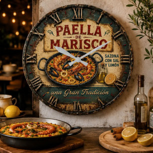 Reloj Redondo Grande Seafood Paella Spanish Kitchen Rustic Restaurant
