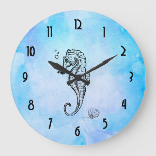 Reloj Redondo Grande Seahorse and Seashell on Blue Watercolor