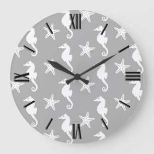 Reloj Redondo Grande Seahorse & starfish - white on silver grey