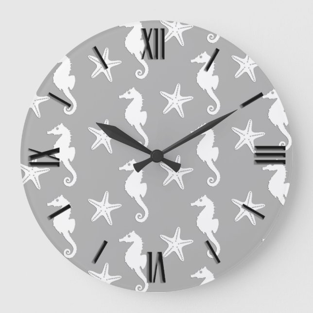 Reloj Redondo Grande Seahorse & starfish - white on silver grey (Anverso)