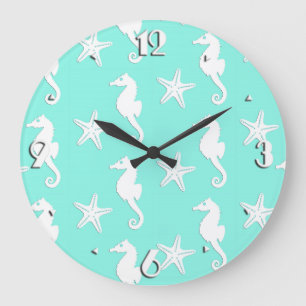 Reloj Redondo Grande Seahorse y estrellas de mar - blanco en la