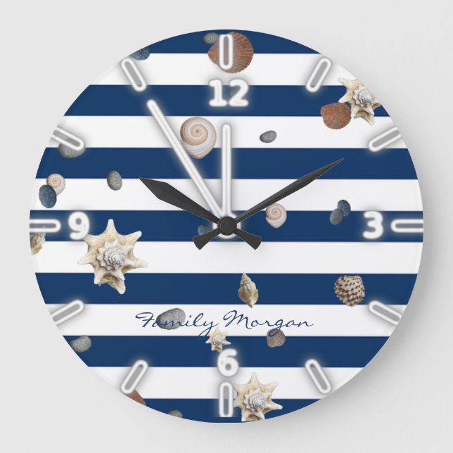 Reloj Redondo Grande Seashells adorables, azules marinos (Anverso)