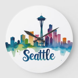 Reloj Redondo Grande Seattle Ciudad acuarela Skyline