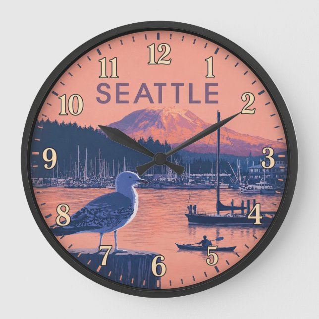 Reloj Redondo Grande Seattle Washington Harbor Mount Rainier Sunset (Anverso)