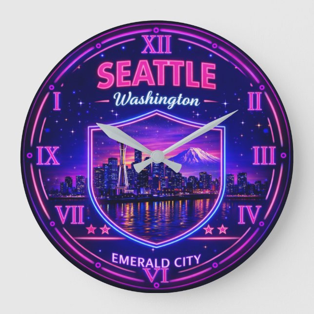 Reloj Redondo Grande Seattle Washington Skyline (Anverso)