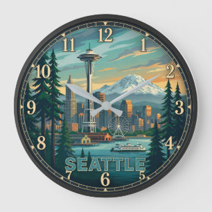 Reloj Redondo Grande Seattle Washington Space Needle and Mount Rainier