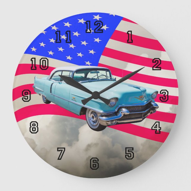 Reloj Redondo Grande Sedán 1956 Deville Cadillac y bandera americana (Anverso)
