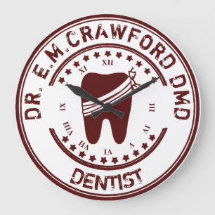 Reloj Redondo Grande Sello De Caucho Dentista Con Diente Y Su Nombre