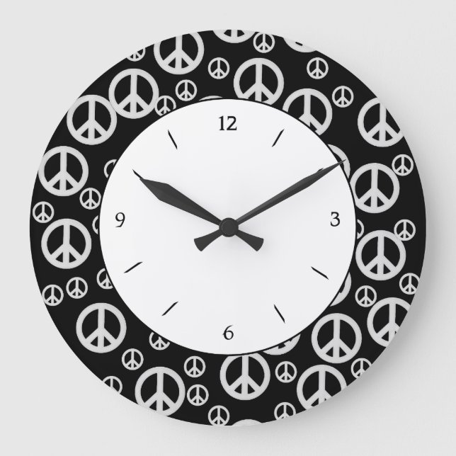 Reloj Redondo Grande Señales de paz en blanco y negro (Anverso)