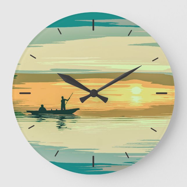 Reloj Redondo Grande Sencilla ilustración de la pesca del amanecer | Re (Anverso)