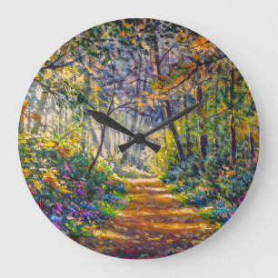 Reloj Redondo Grande Sendero Impresionista: Acuarela de bosque soleado