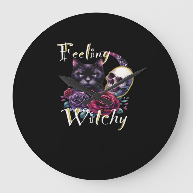 Reloj Redondo Grande Sensación de camiseta clásica de gato negro picant (Anverso)