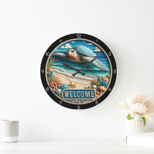 Reloj Redondo Grande Serene Sea Turtle Beach Welcome Time