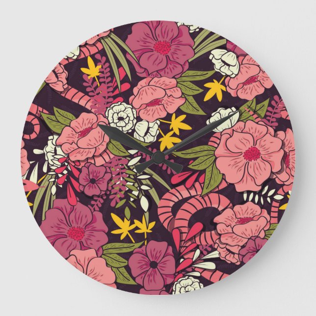 Reloj Redondo Grande Serpientes de jungla, flores tropicales, patrón vi (Anverso)