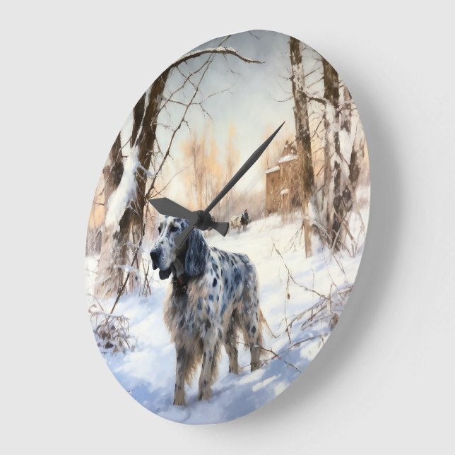 Reloj Redondo Grande Setter Inglés Deja que nieve Navidad (Ángulo)