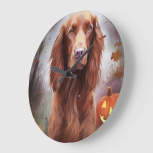 Reloj Redondo Grande Setter rojo irlandés de Halloween con calabazas at