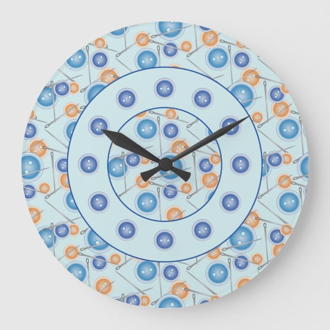 Reloj Redondo Grande Sewing Needles and Buttons Pattern Blue (Anverso)
