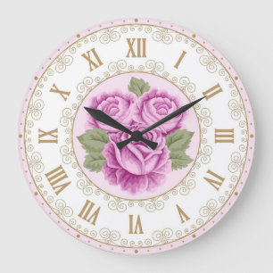 Reloj Redondo Grande Shabby Chic Francés Vintage Oro Magenta Pálido