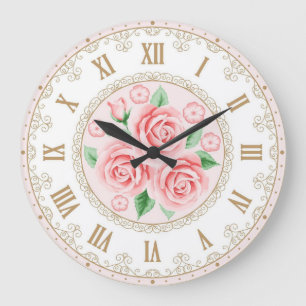 Reloj Redondo Grande Shabby Chic Francés Vintage Perlas Rosas Pink