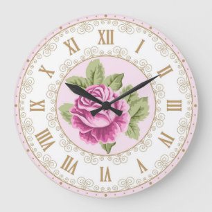 Reloj Redondo Grande Shabby Chic Francés Vintage Rosa Magenta Dorado Ro