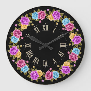 Reloj Redondo Grande Shabby Chic Francés Vintage Rosas Negras Coloridas