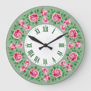 Reloj Redondo Grande Shabby Chic Francés Vintage Rosas Verdes Rojas