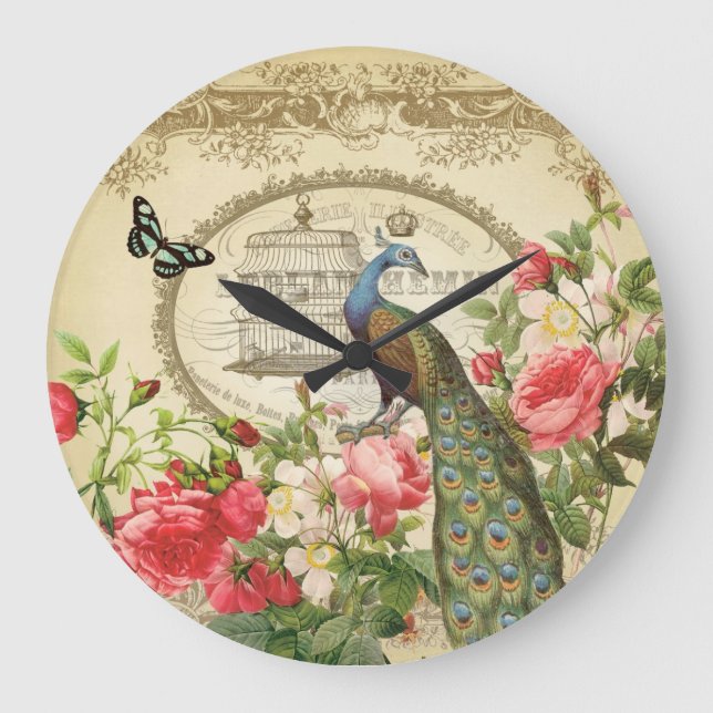 Reloj Redondo Grande Shabby Chic Peacock francés vintage (Anverso)