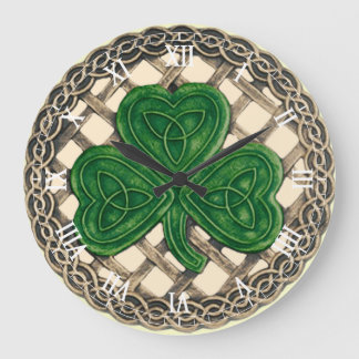 Reloj Redondo Grande Shamrock Beige Y Nudos Celtos Redondos