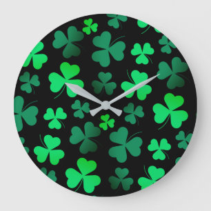 Reloj Redondo Grande Shamrock Clover Moderno Trendy Black and Green