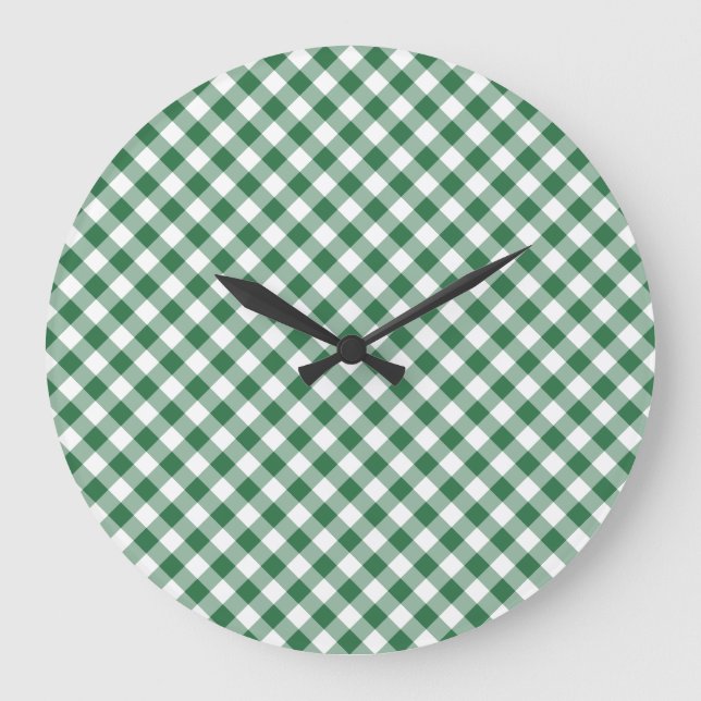 Reloj Redondo Grande Shamrock Green y White Check Gingham Wall Clock (Anverso)