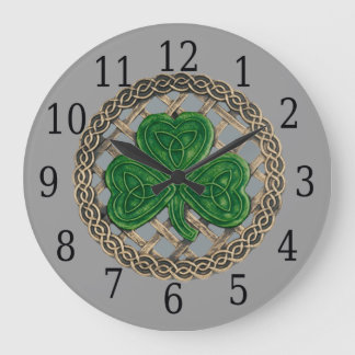 Reloj Redondo Grande Shamrock gris y nudos celtas redondeados