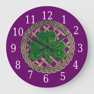Reloj Redondo Grande Shamrock Púrpura Y Nudos Celtas Relevantes