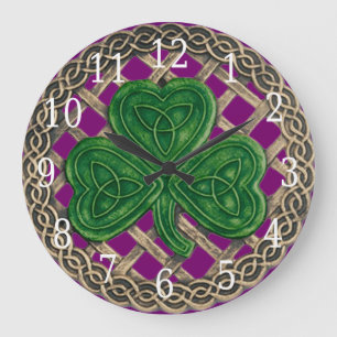 Reloj Redondo Grande Shamrock Púrpura Y Nudos Celtos Redondos