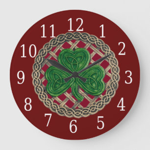 Reloj Redondo Grande Shamrock Rojo Y Nudos Celtos Redondos